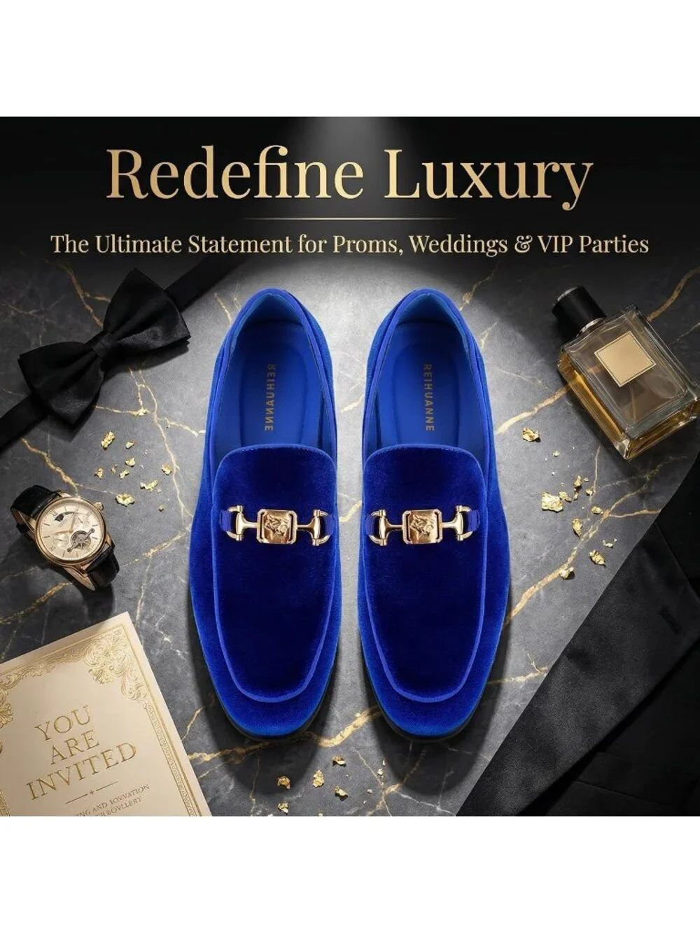 REIHUANNE Men Royal Blue Velvet Loafer Metal Buckle Slip On Luxury Smoking Shoes